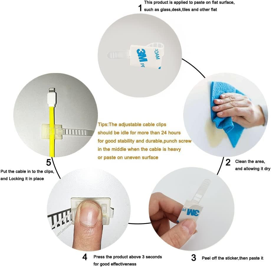 Wire Management Clips Clear with Screw Hole (50 Pack) Adjustable Cable Straps 3 Inch with 3M Adhesive Tape,Cable Fasteners for Christmas Lights,Desk,Wall to Hold Extension Cord