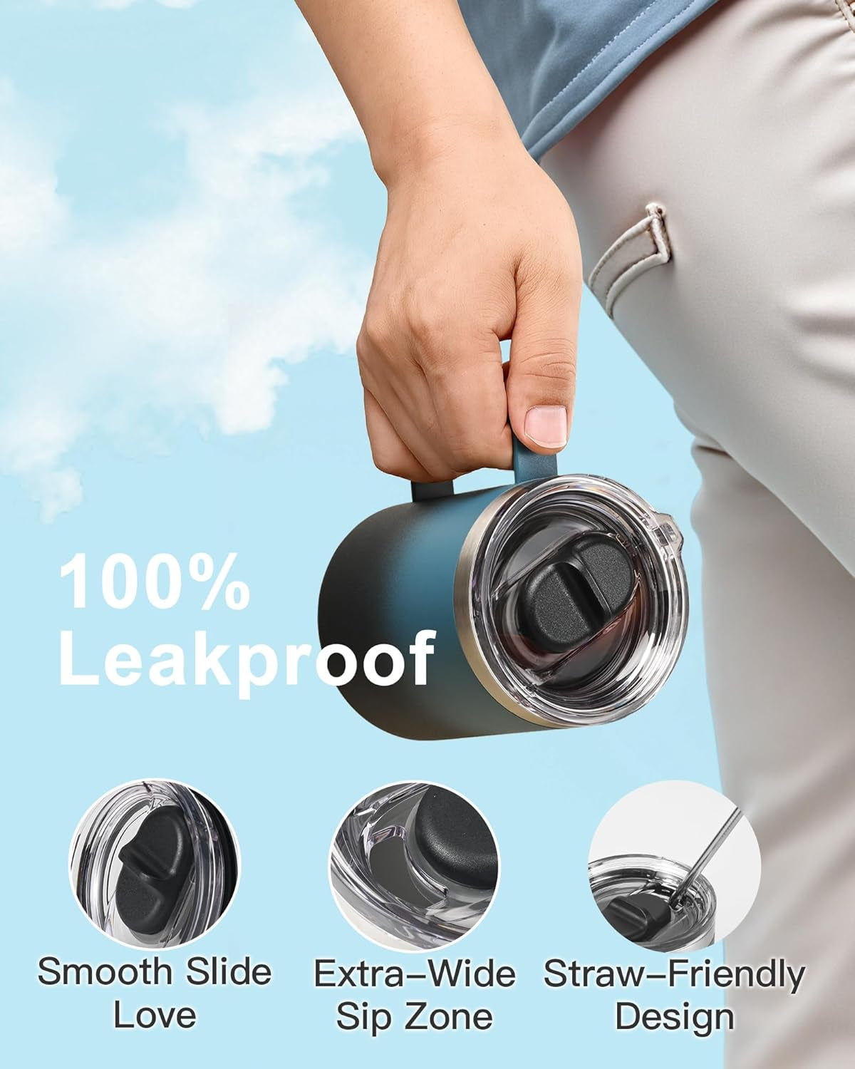 12 Oz Insulated Stainless Steel Coffee Mug with Leak-Proof Detachable Slider Lid, Keeps Beverages Cold for 9 Hours - Ideal for Home, Office, and Camping