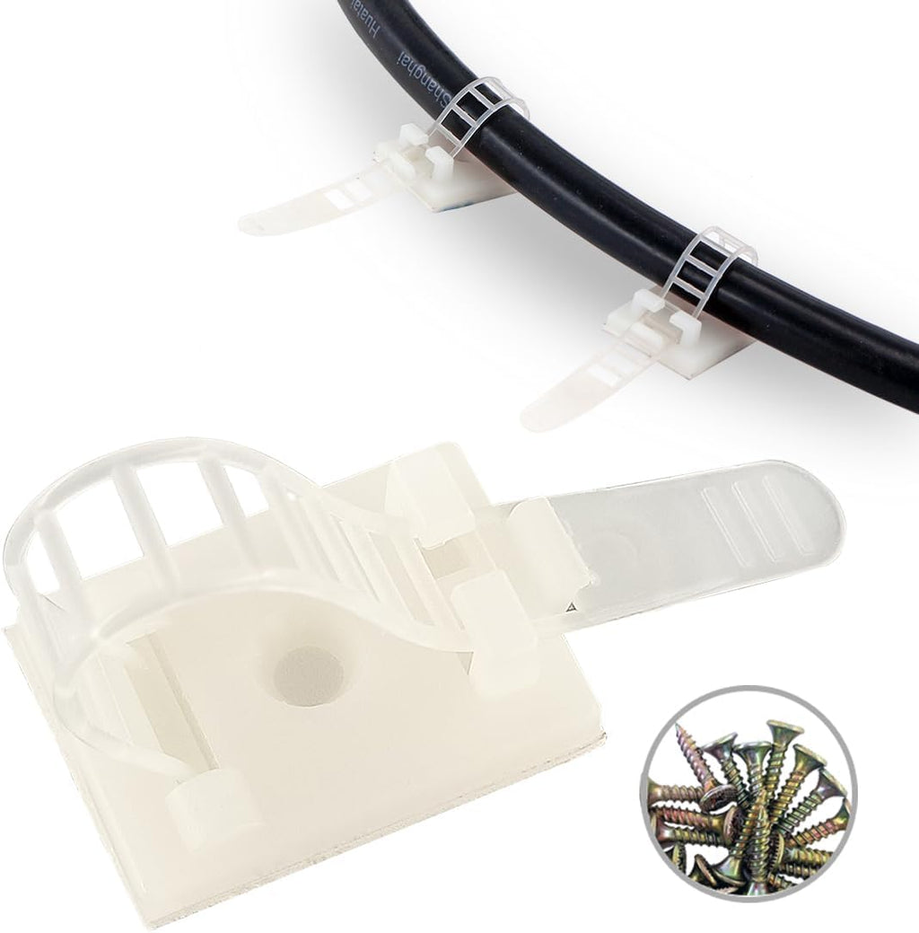 Wire Management Clips Clear with Screw Hole (50 Pack) Adjustable Cable Straps 3 Inch with 3M Adhesive Tape,Cable Fasteners for Christmas Lights,Desk,Wall to Hold Extension Cord