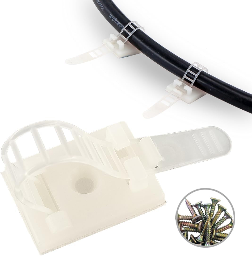 Wire Management Clips Clear with Screw Hole (50 Pack) Adjustable Cable Straps 3 Inch with 3M Adhesive Tape,Cable Fasteners for Christmas Lights,Desk,Wall to Hold Extension Cord