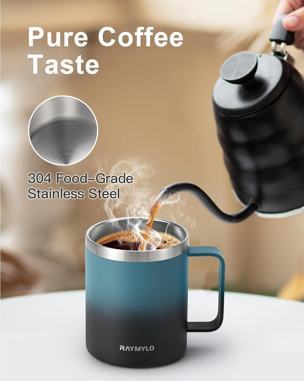 12 Oz Insulated Stainless Steel Coffee Mug with Leak-Proof Detachable Slider Lid, Keeps Beverages Cold for 9 Hours - Ideal for Home, Office, and Camping