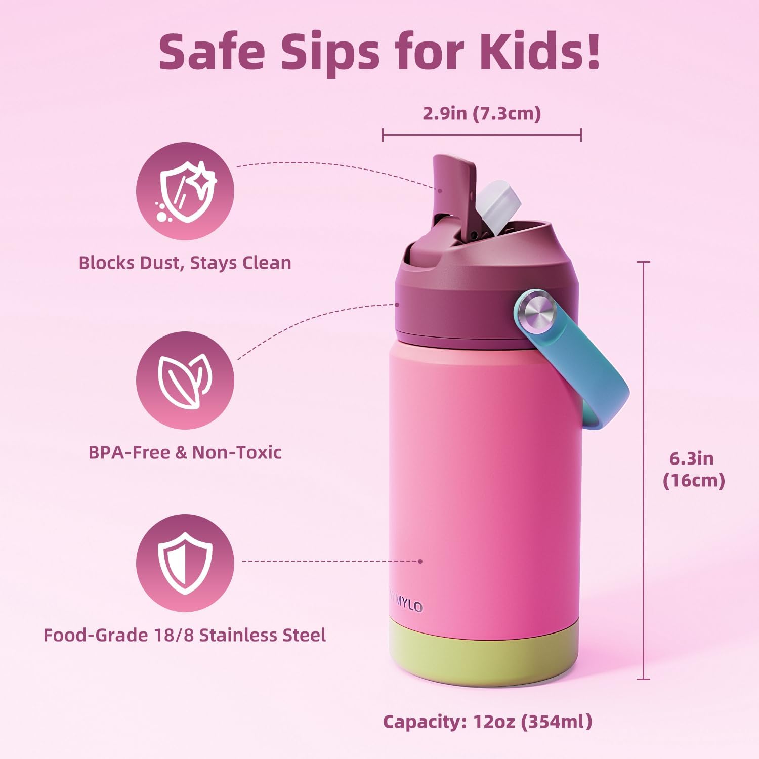 Kids Water Bottle, Toddler Stainless Steel Insulated Hydro Small Flask with Straw & Silicone Boot, Boys/Girls Small Water Bottle for School, 100% Leakproof & BPA Free & Keep Cold for 24 Hours