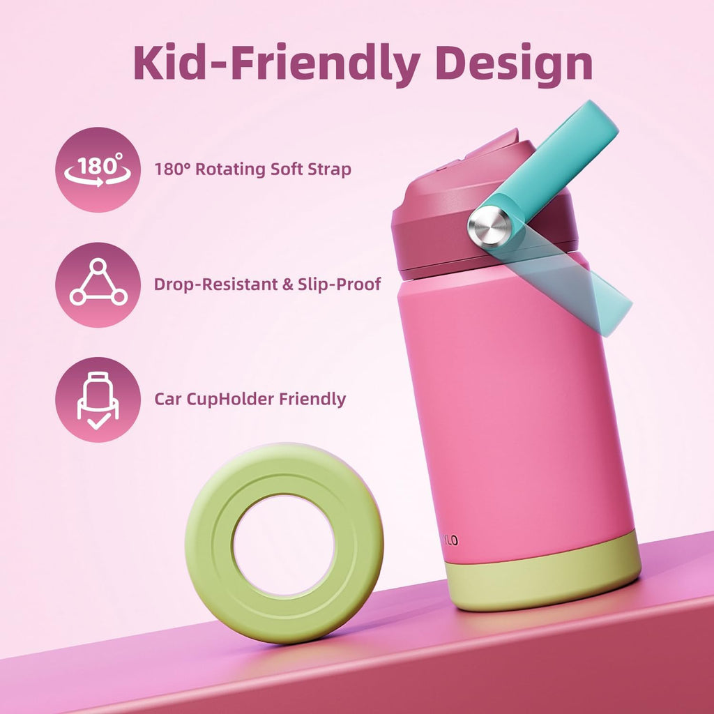 Kids Water Bottle, Toddler Stainless Steel Insulated Hydro Small Flask with Straw & Silicone Boot, Boys/Girls Small Water Bottle for School, 100% Leakproof & BPA Free & Keep Cold for 24 Hours