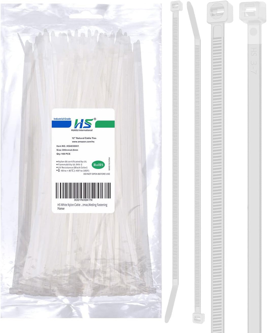Long Zip Ties 12 Inch Clear 0.19" Nylon Cable Ties Heavy Duty 50 Lbs Strength Strong for Privacy Fence Outdoor,Electrical Plastic Tie Straps Weather Resistant 100 Pcs White