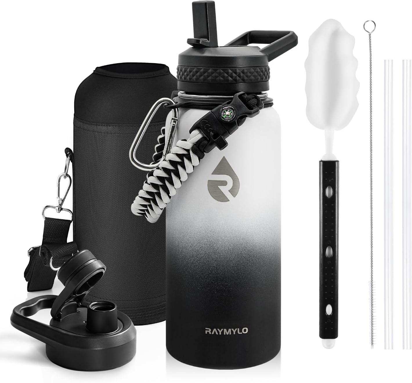 Insulated Water Bottle 32 Oz, Triple Wall Vacuum Stainless Steel (Cold for 48 Hrs), Leak Proof & Non-Bpa, Modern Water Flask Jug with Paracord Handle & Straw Spout Lids, Cyan Blue