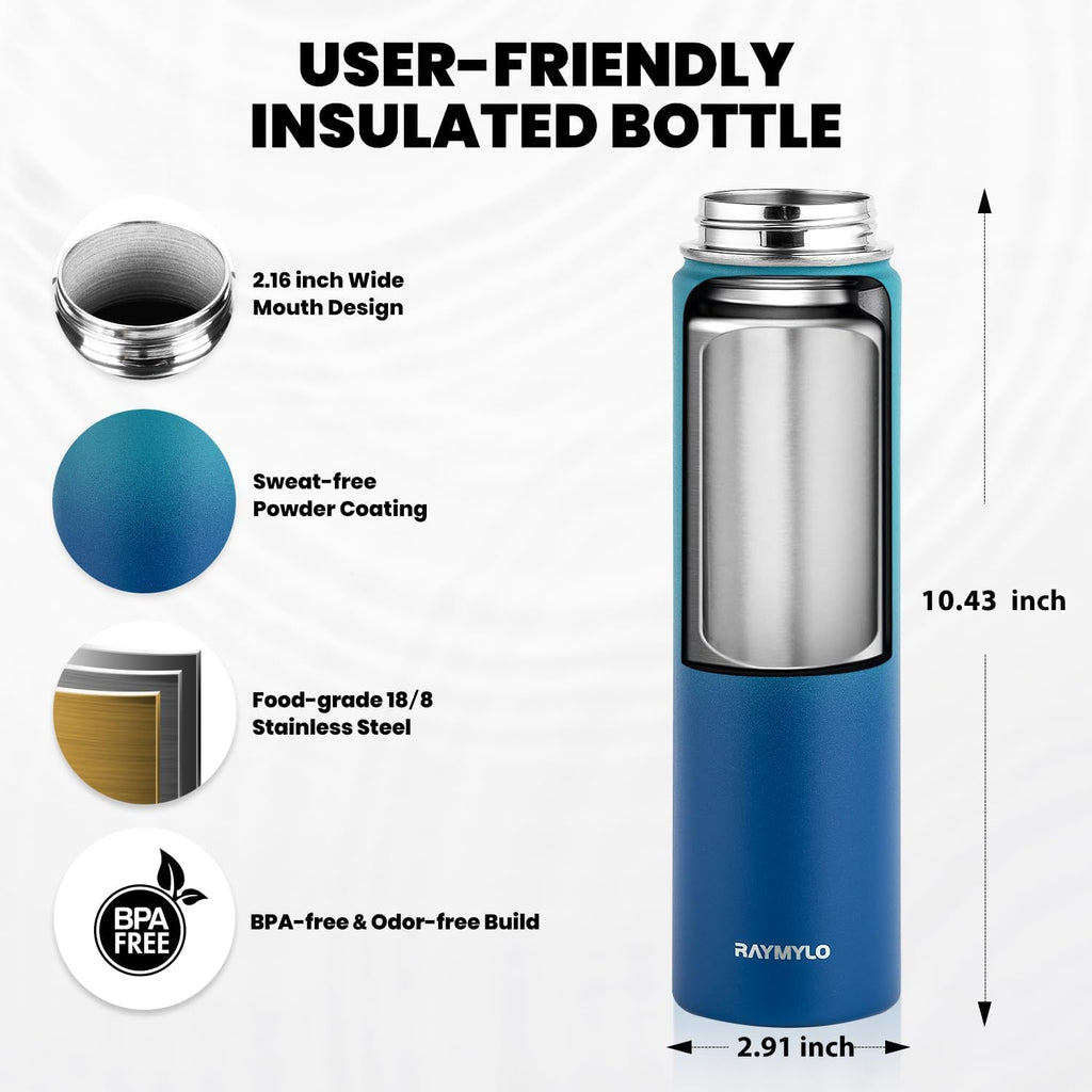 24oz Insulated Stainless Steel Water Bottle - Triple Wall Vacuum Technology for 48 Hours Cold and 24 Hours Hot, Leak Proof, BPA-Free with Paracord Handle and Straw Spout Lids