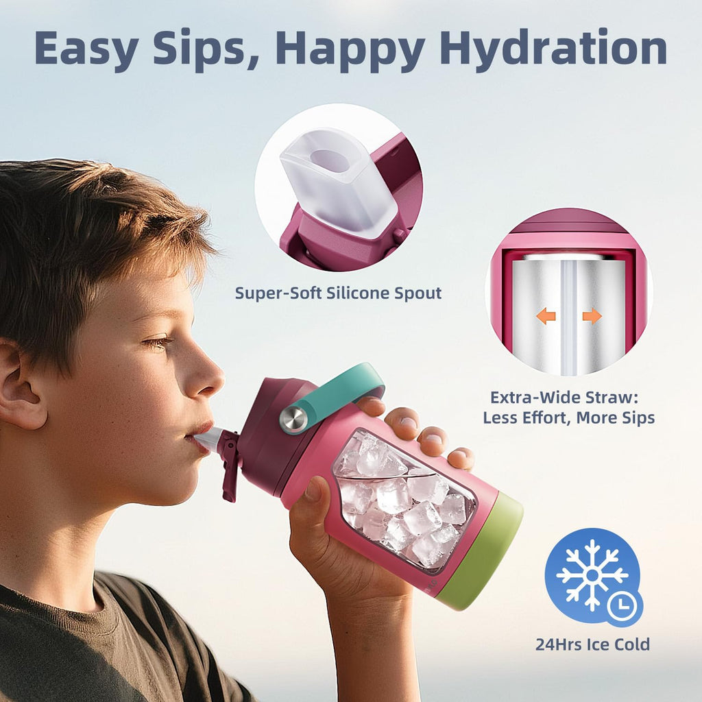 Kids Water Bottle, Toddler Stainless Steel Insulated Hydro Small Flask with Straw & Silicone Boot, Boys/Girls Small Water Bottle for School, 100% Leakproof & BPA Free & Keep Cold for 24 Hours