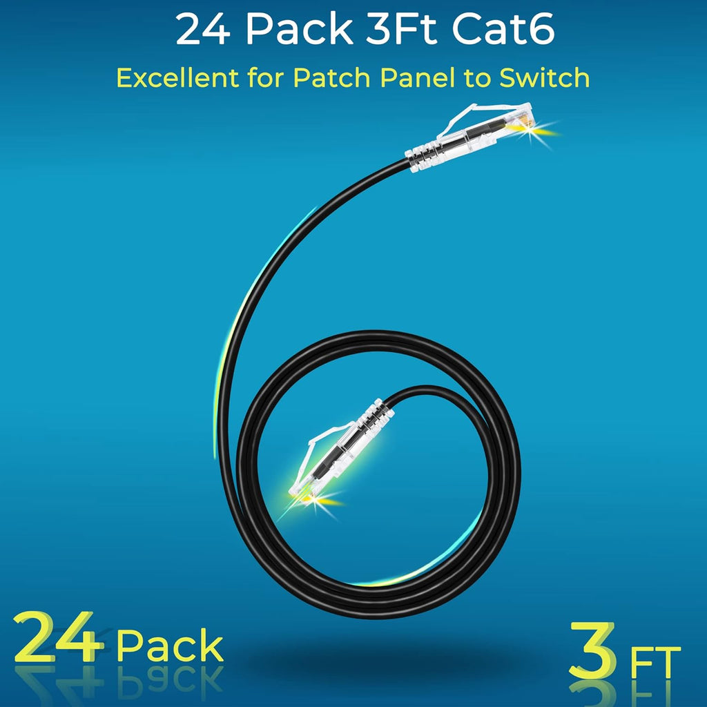 24-Pack 3ft Cat6/Cat6A Slim Ethernet Patch Cables 10G Snagless Flexible Network