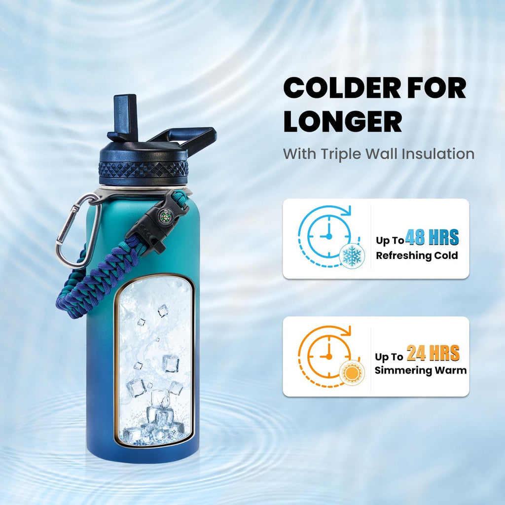 Insulated Water Bottle 32 Oz, Triple Wall Vacuum Stainless Steel (Cold for 48 Hrs), Leak Proof & Non-Bpa, Modern Water Flask Jug with Paracord Handle & Straw Spout Lids, Cyan Blue