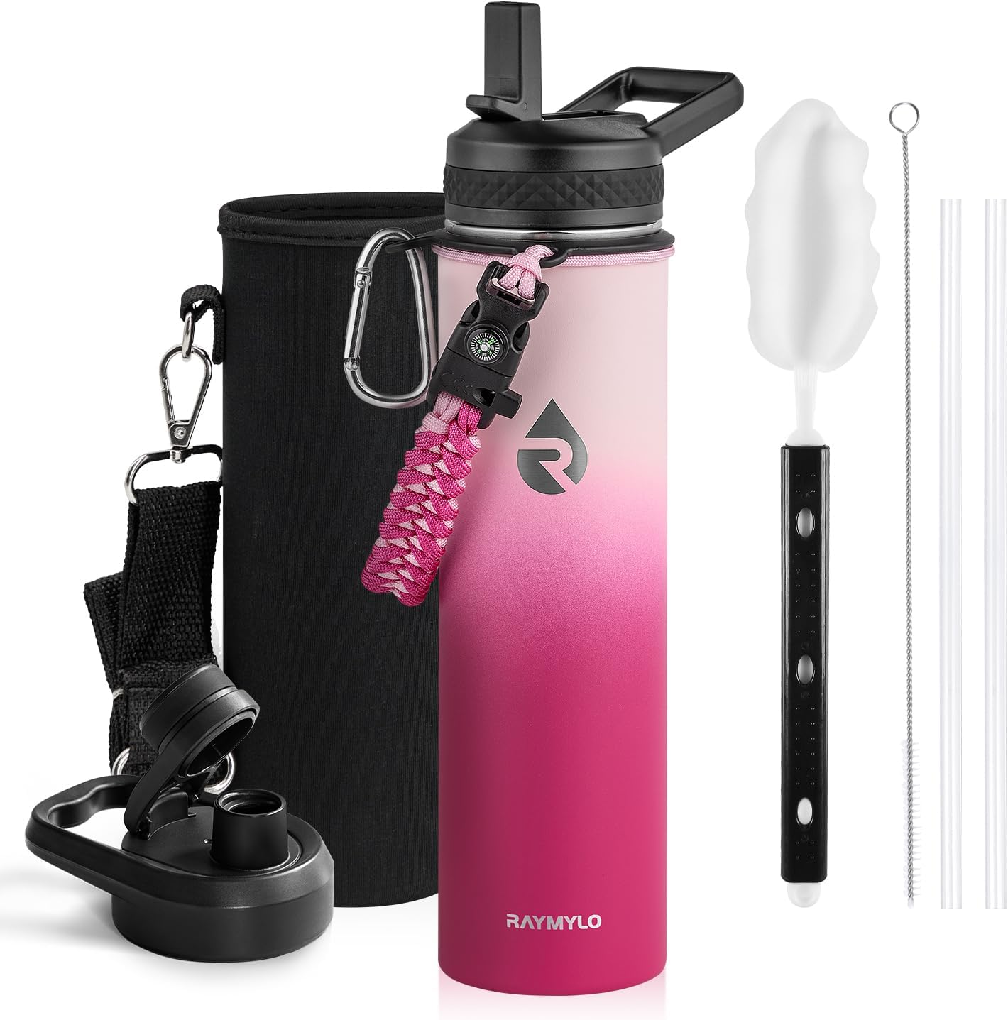 24oz Insulated Stainless Steel Water Bottle - Triple Wall Vacuum Technology for 48 Hours Cold and 24 Hours Hot, Leak Proof, BPA-Free with Paracord Handle and Straw Spout Lids