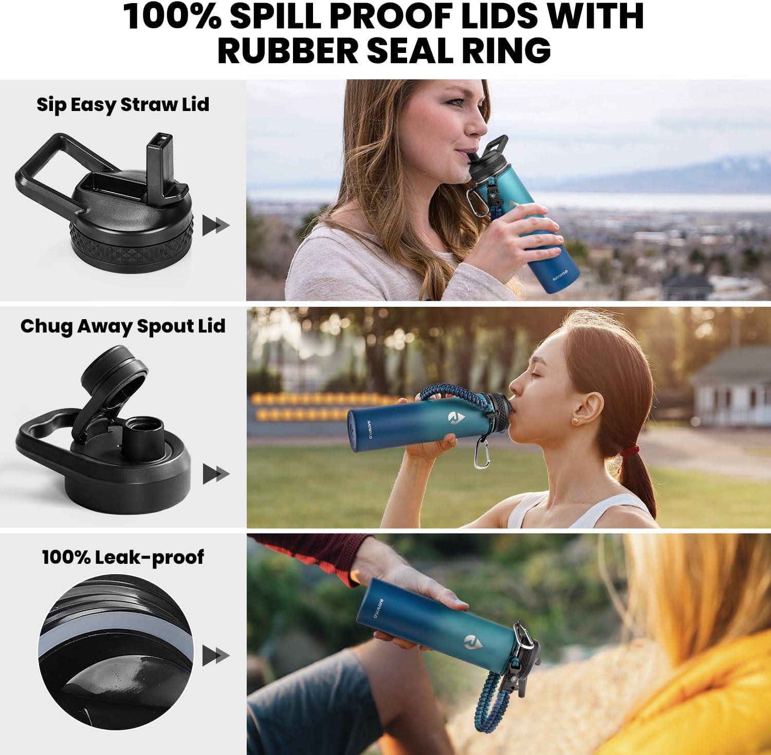 24oz Insulated Stainless Steel Water Bottle - Triple Wall Vacuum Technology for 48 Hours Cold and 24 Hours Hot, Leak Proof, BPA-Free with Paracord Handle and Straw Spout Lids