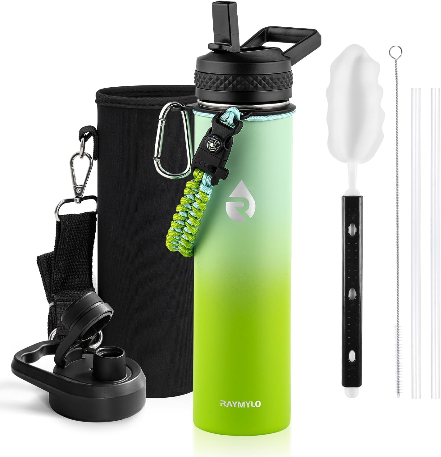 24oz Insulated Stainless Steel Water Bottle - Triple Wall Vacuum Technology for 48 Hours Cold and 24 Hours Hot, Leak Proof, BPA-Free with Paracord Handle and Straw Spout Lids