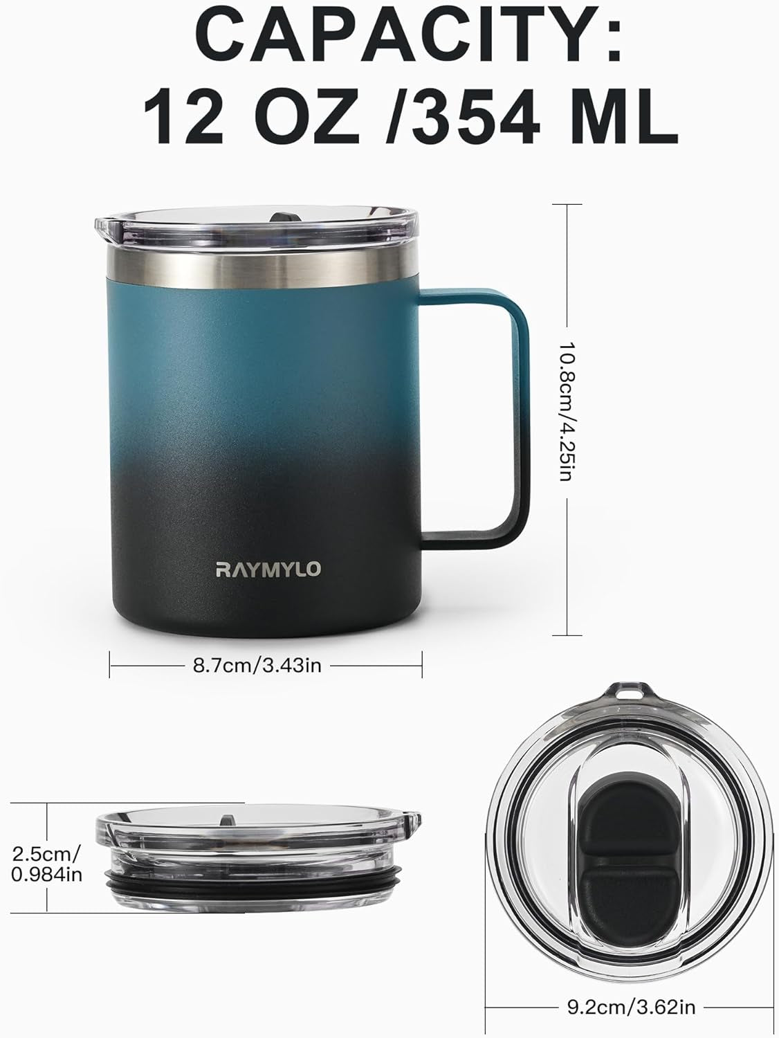 12 Oz Insulated Stainless Steel Coffee Mug with Leak-Proof Detachable Slider Lid, Keeps Beverages Cold for 9 Hours - Ideal for Home, Office, and Camping