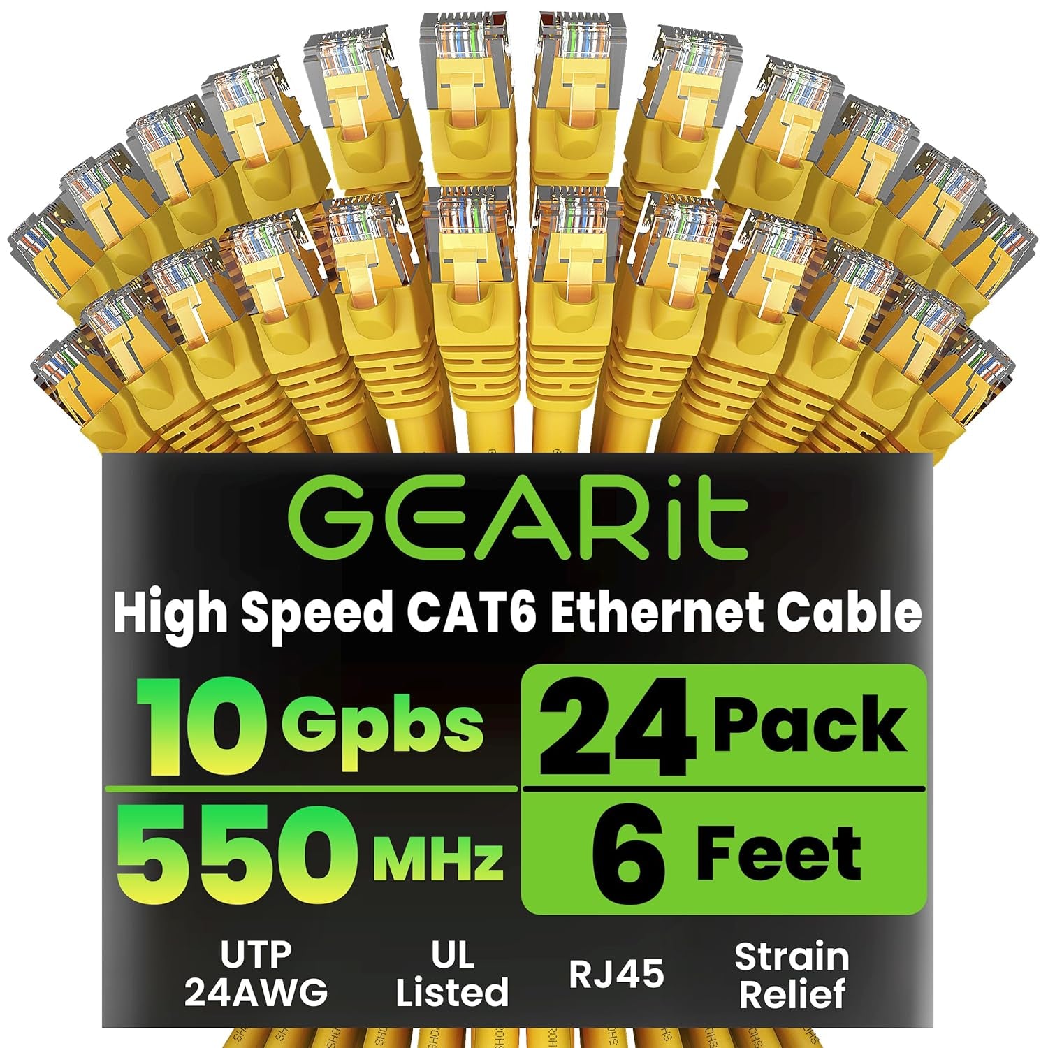 Cat 6 Ethernet Cable (24-Pack 6 Feet) Cat6 Network Patch, 10Gbps, RJ45, Snagless Cord, Gold-Plated Connectors, Internet for PC, TV, Tablet, Router, Printer, Servers, IT Data Center - Yellow