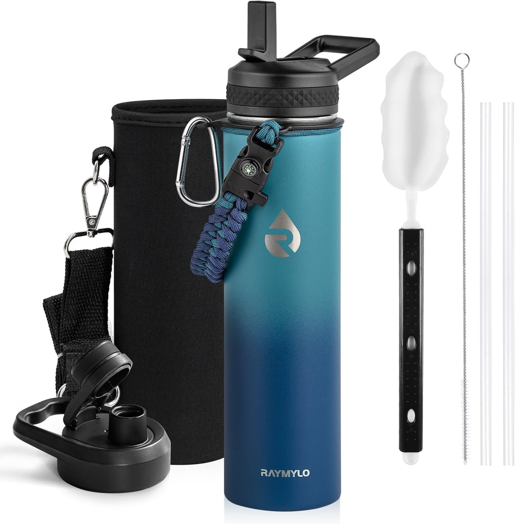 24oz Insulated Stainless Steel Water Bottle - Triple Wall Vacuum Technology for 48 Hours Cold and 24 Hours Hot, Leak Proof, BPA-Free with Paracord Handle and Straw Spout Lids