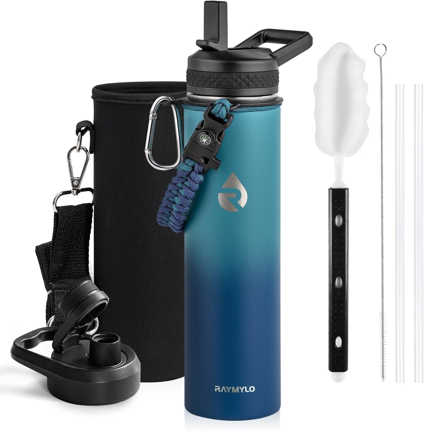 24oz Insulated Stainless Steel Water Bottle - Triple Wall Vacuum Technology for 48 Hours Cold and 24 Hours Hot, Leak Proof, BPA-Free with Paracord Handle and Straw Spout Lids