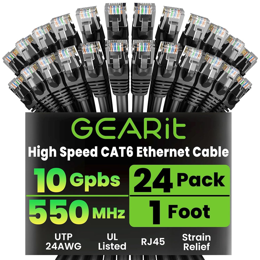 Cat 6 Ethernet Cable Pack - 24-Pack 1 Ft Cat6 Ethernet Patch Cables | RJ45 Network Patch Cable, 10 Gbps Snagless Gold-Plated Connectors - Ethernet Cable Cat 6 for PC, TV, Router - Black