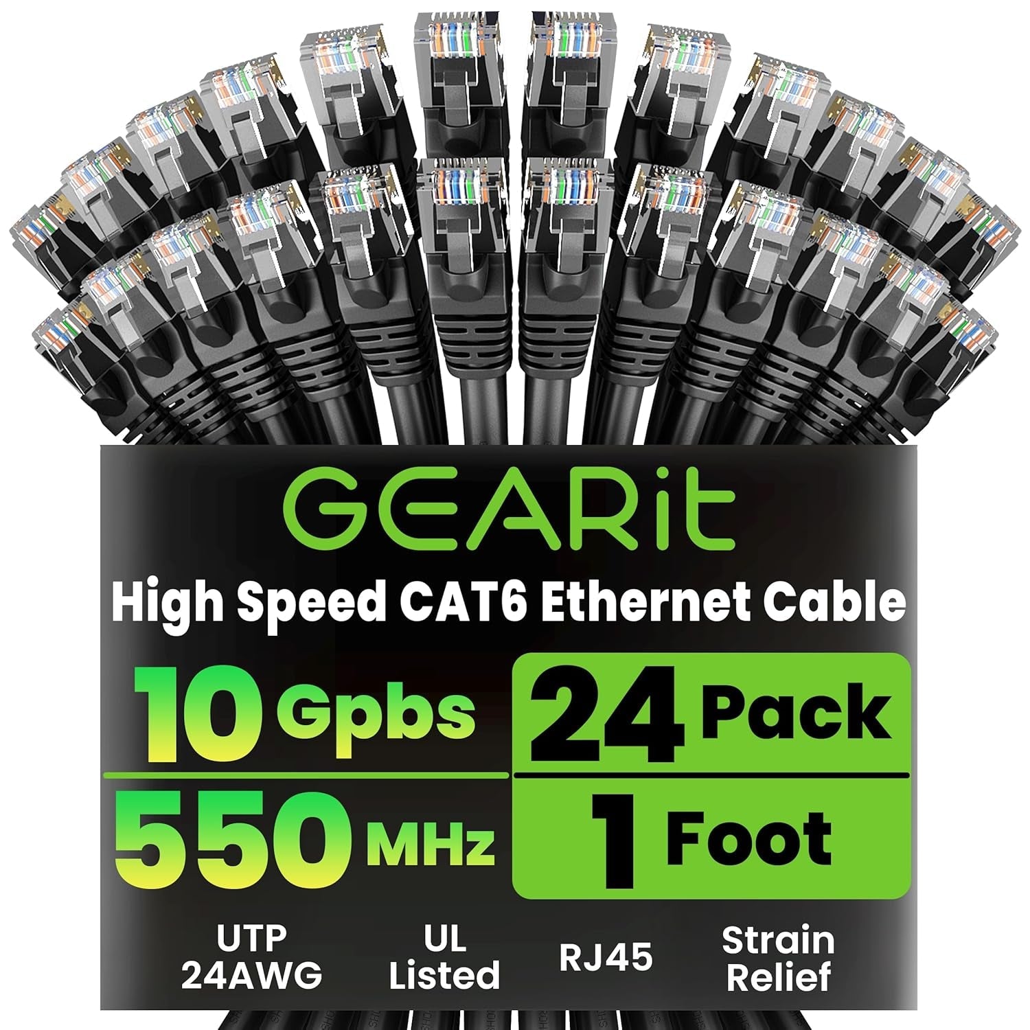 Cat 6 Ethernet Cable Pack - 24-Pack 1 Ft Cat6 Ethernet Patch Cables | RJ45 Network Patch Cable, 10 Gbps Snagless Gold-Plated Connectors - Ethernet Cable Cat 6 for PC, TV, Router - Black