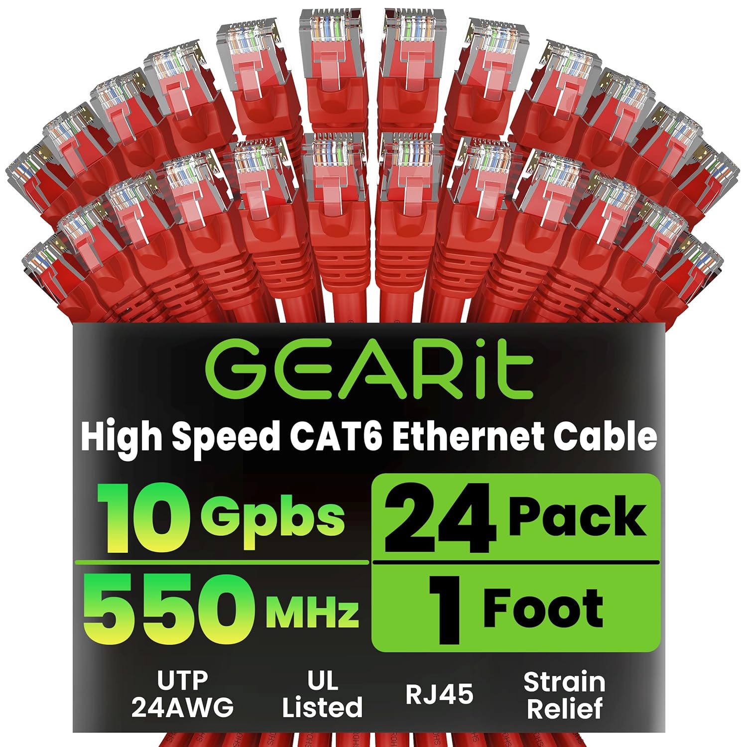 Cat 6 Ethernet Cable Pack - 24-Pack 1 Ft Cat6 Ethernet Patch Cables | RJ45 Network Patch Cable, 10 Gbps Snagless Gold-Plated Connectors - Ethernet Cable Cat 6 for PC, TV, Router - Black