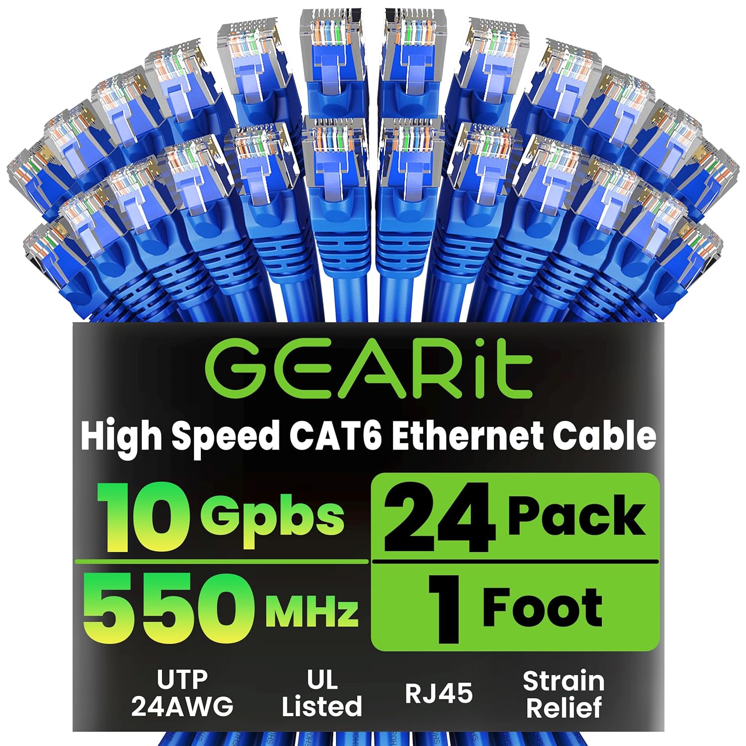 Cat 6 Ethernet Cable Pack - 24-Pack 1 Ft Cat6 Ethernet Patch Cables | RJ45 Network Patch Cable, 10 Gbps Snagless Gold-Plated Connectors - Ethernet Cable Cat 6 for PC, TV, Router - Black
