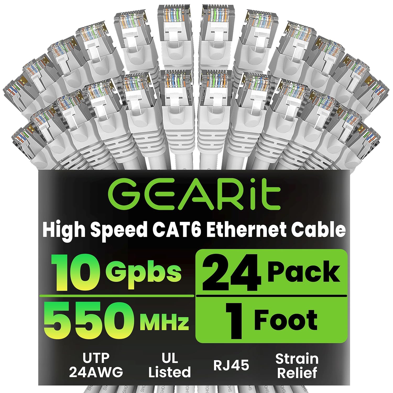 Cat 6 Ethernet Cable Pack - 24-Pack 1 Ft Cat6 Ethernet Patch Cables | RJ45 Network Patch Cable, 10 Gbps Snagless Gold-Plated Connectors - Ethernet Cable Cat 6 for PC, TV, Router - Black