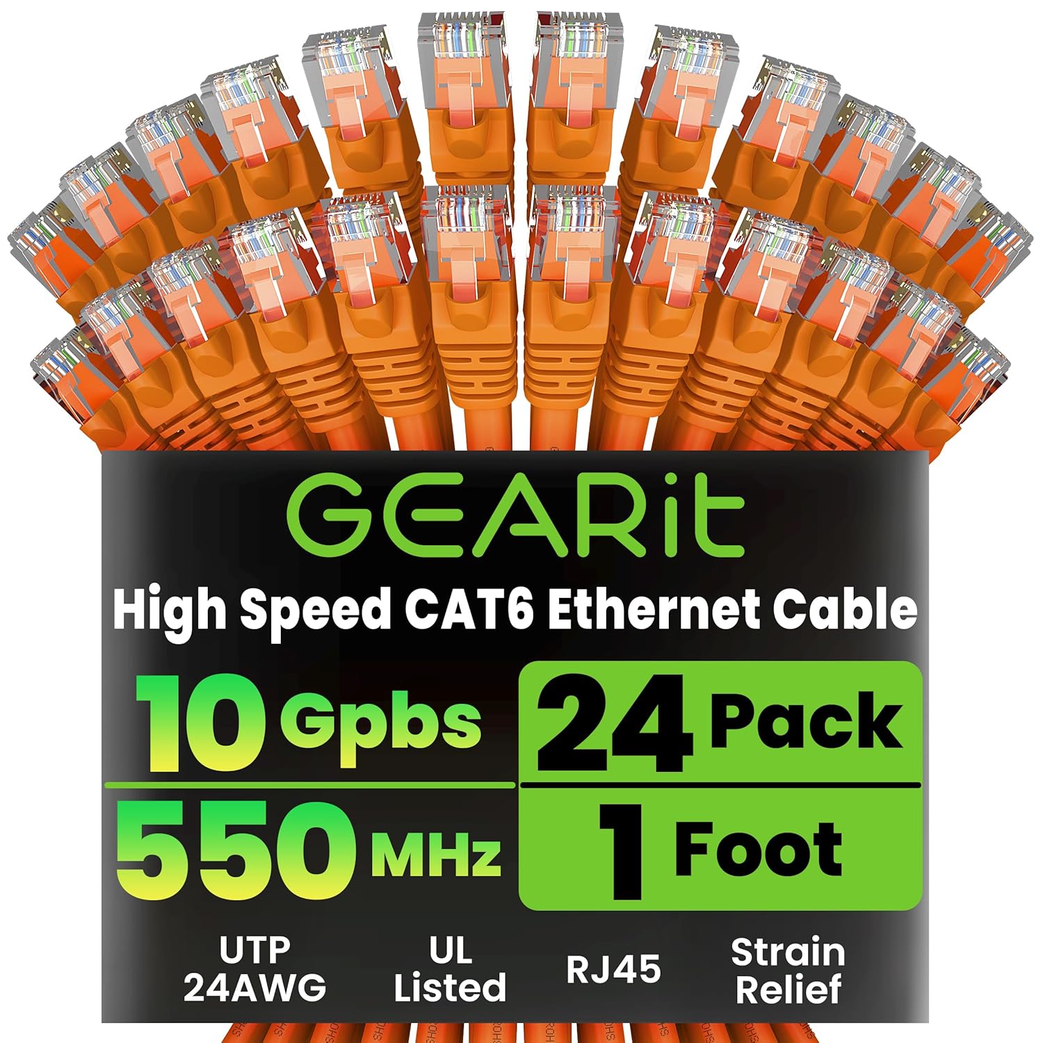 Cat 6 Ethernet Cable Pack - 24-Pack 1 Ft Cat6 Ethernet Patch Cables | RJ45 Network Patch Cable, 10 Gbps Snagless Gold-Plated Connectors - Ethernet Cable Cat 6 for PC, TV, Router - Black