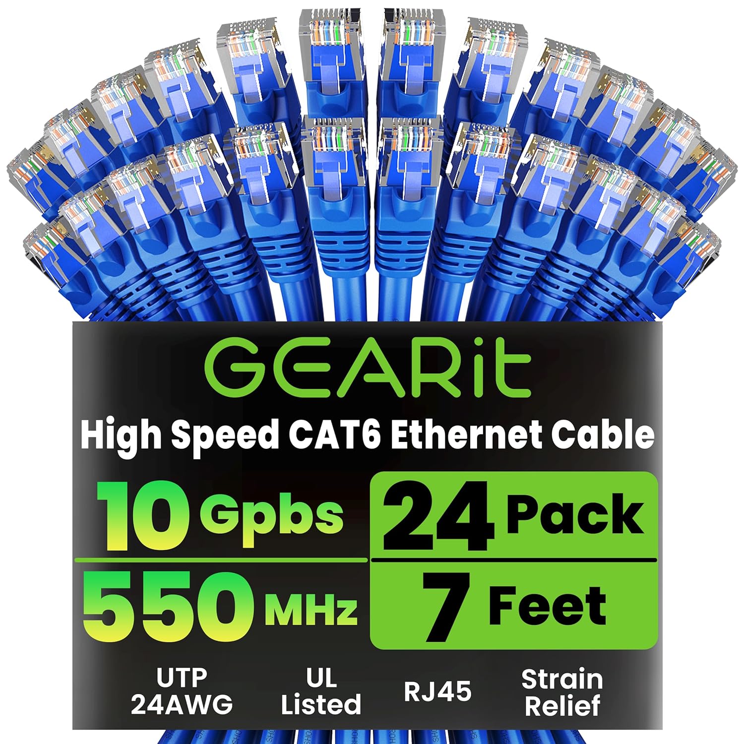 Cat 6 Ethernet Cable Pack - 24-Pack 7 Ft Cat6 Ethernet Patch Cables | RJ45 Network Patch Cable, 10 Gbps Snagless Gold-Plated Connectors - Ethernet Cable Cat 6 for PC, TV, Router - Black