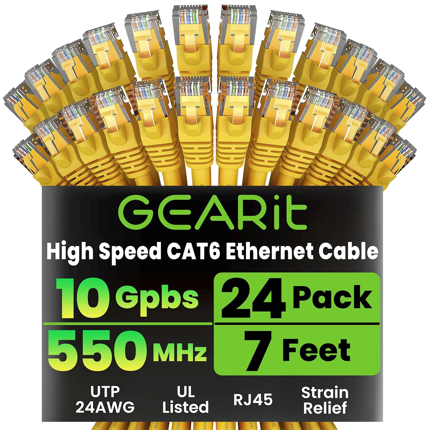 Cat 6 Ethernet Cable Pack - 24-Pack 7 Ft Cat6 Ethernet Patch Cables | RJ45 Network Patch Cable, 10 Gbps Snagless Gold-Plated Connectors - Ethernet Cable Cat 6 for PC, TV, Router - Black