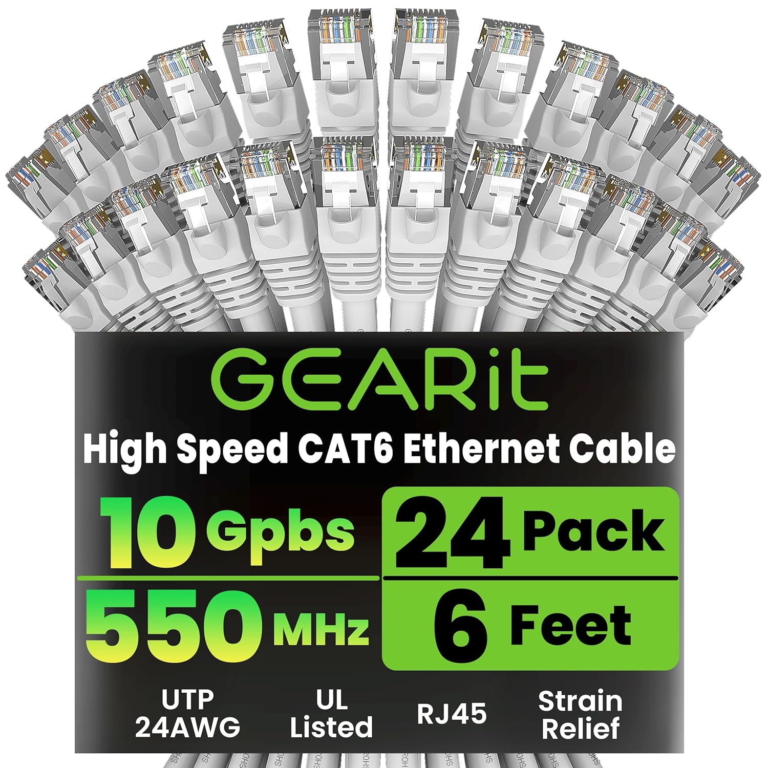 Cat 6 Ethernet Cable (24-Pack 6 Feet) Cat6 Network Patch, 10Gbps, RJ45, Snagless Cord, Gold-Plated Connectors, Internet for PC, TV, Tablet, Router, Printer, Servers, IT Data Center - Yellow