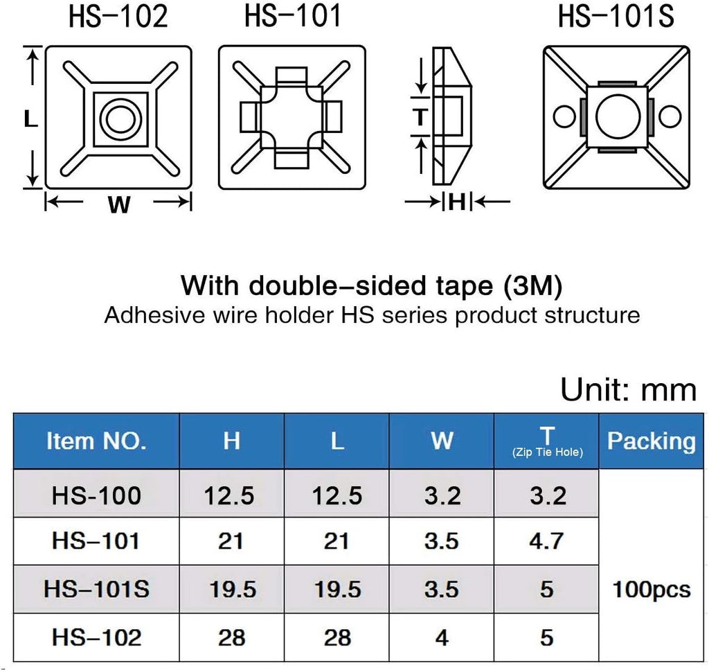 200 PCS 1/2" Black Self Adhesive Cable Zip Tie Mounts Wire Cable Clips Holders Management Anchors Organizer Holders Squares(Hs-100)