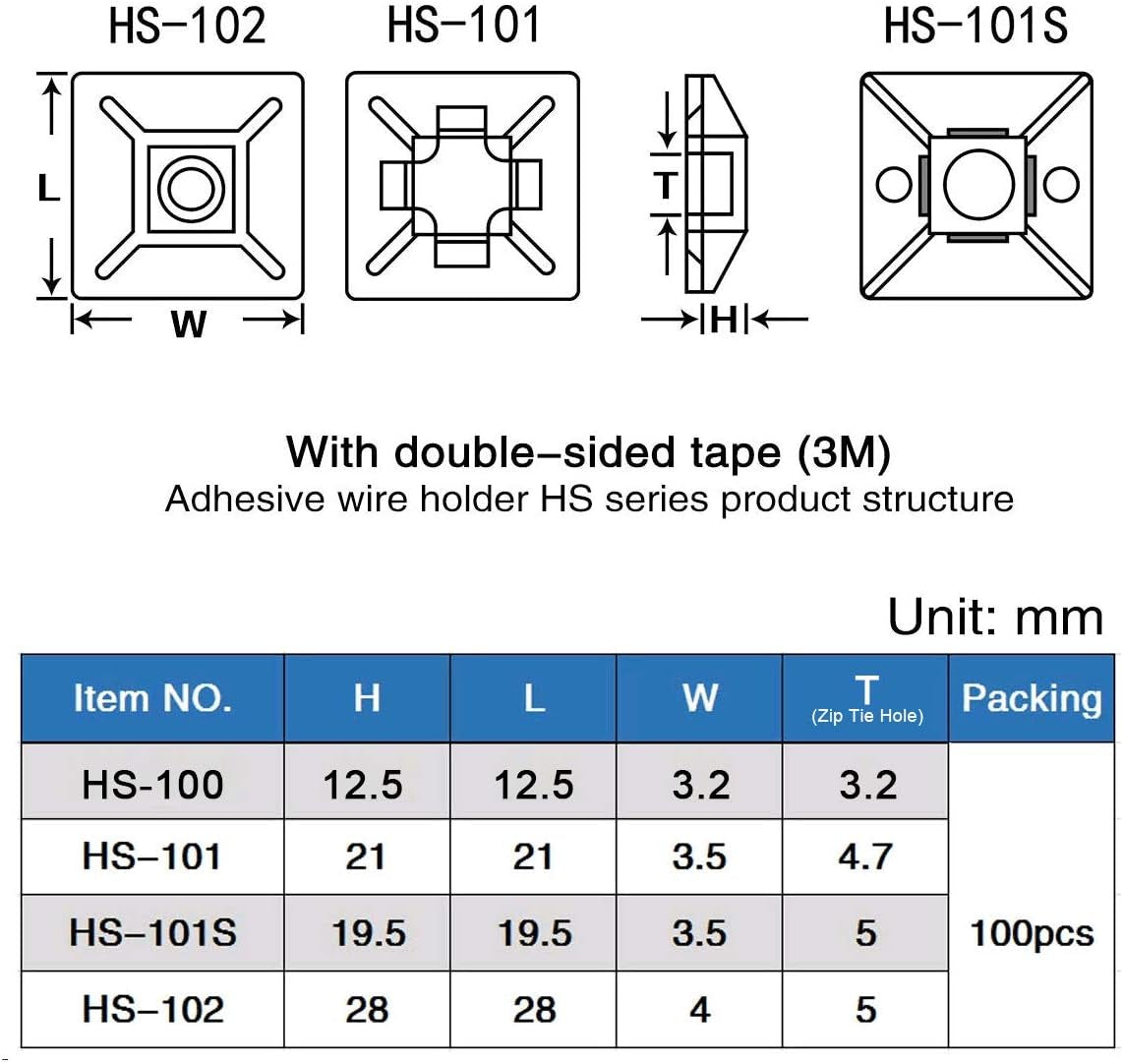 200 PCS 1/2" Black Self Adhesive Cable Zip Tie Mounts Wire Cable Clips Holders Management Anchors Organizer Holders Squares(Hs-100)