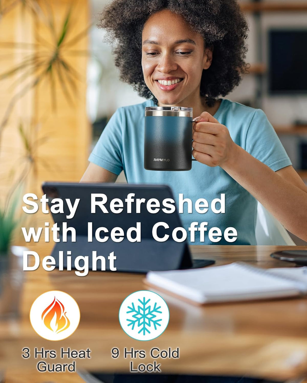 12 Oz Insulated Stainless Steel Coffee Mug with Leak-Proof Detachable Slider Lid, Keeps Beverages Cold for 9 Hours - Ideal for Home, Office, and Camping