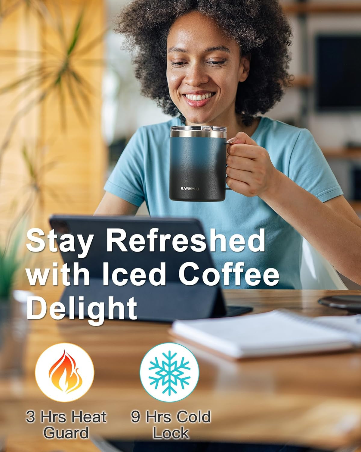 12 Oz Insulated Stainless Steel Coffee Mug with Leak-Proof Detachable Slider Lid, Keeps Beverages Cold for 9 Hours - Ideal for Home, Office, and Camping