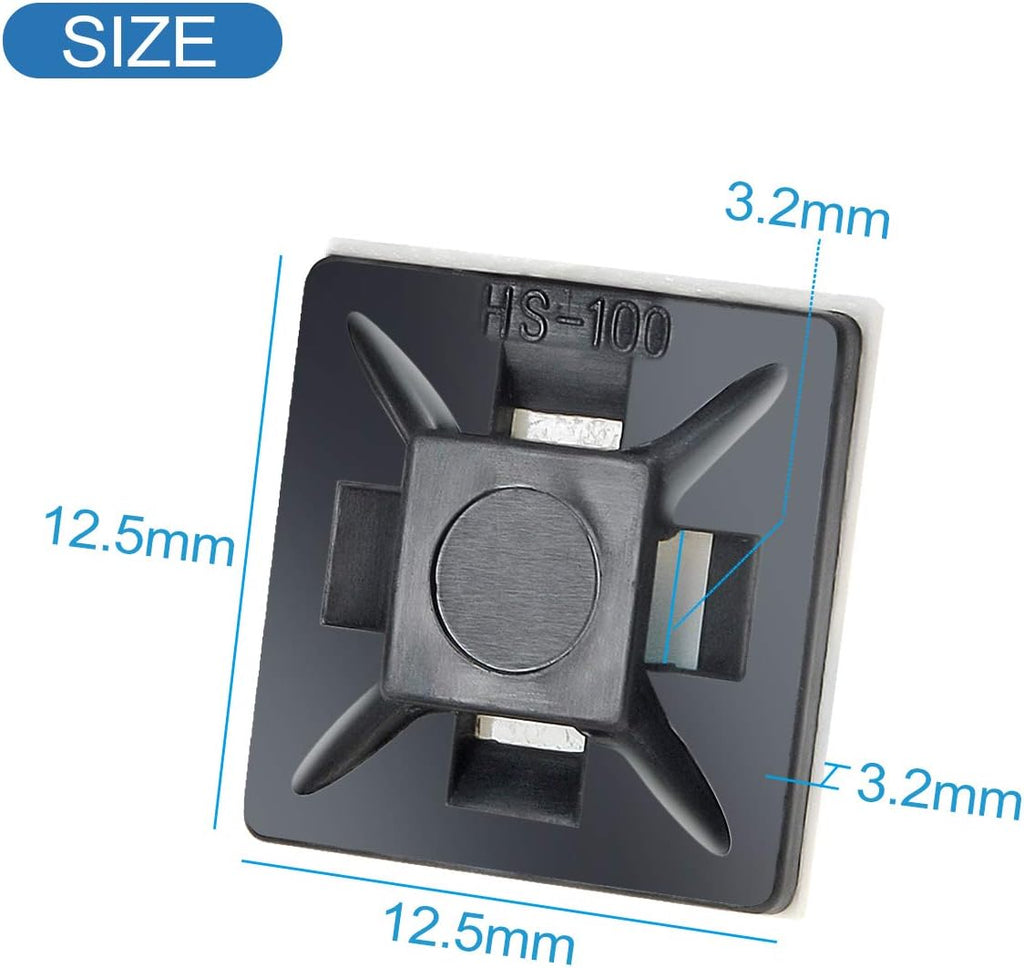 200 PCS 1/2" Black Self Adhesive Cable Zip Tie Mounts Wire Cable Clips Holders Management Anchors Organizer Holders Squares(Hs-100)