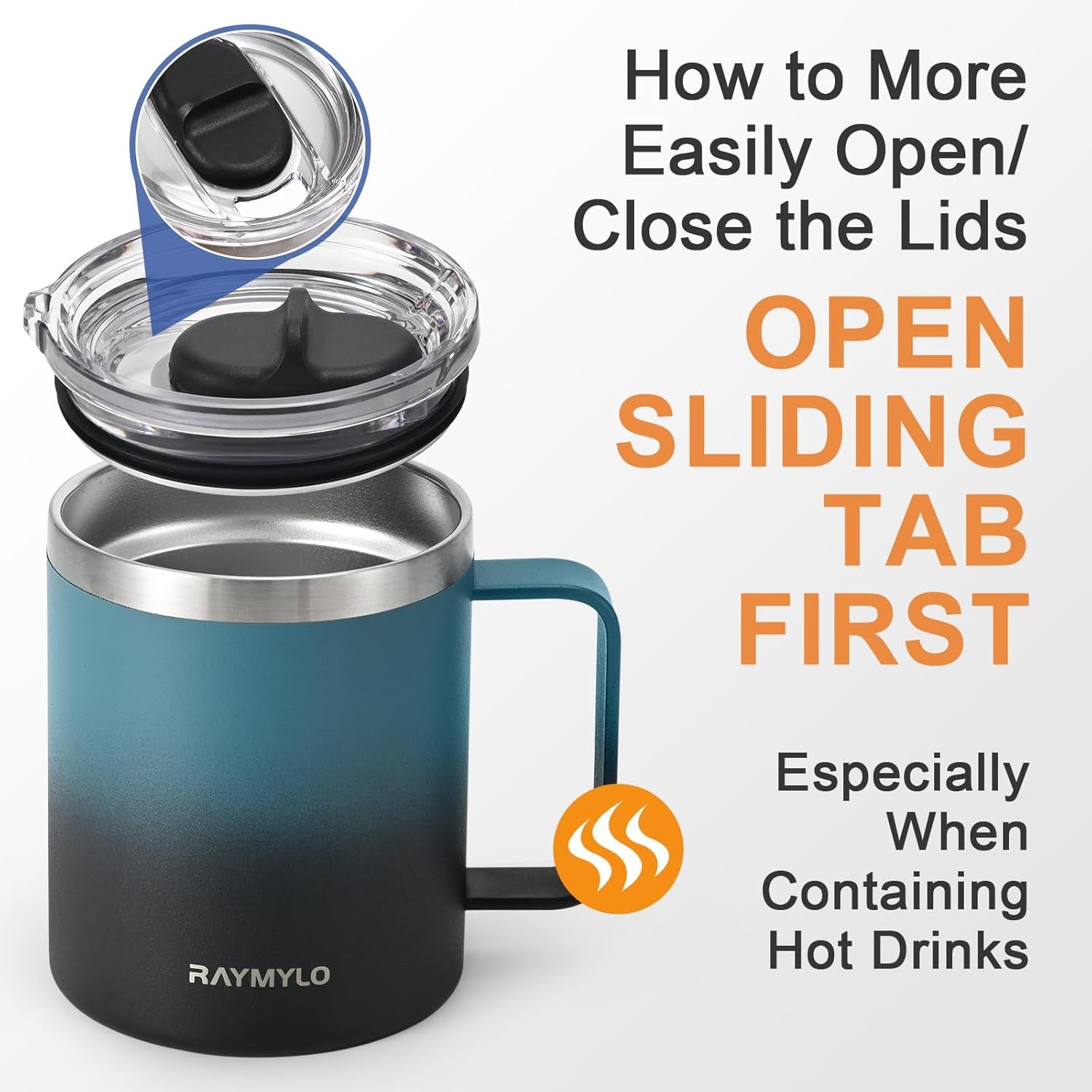 12 Oz Insulated Stainless Steel Coffee Mug with Leak-Proof Detachable Slider Lid, Keeps Beverages Cold for 9 Hours - Ideal for Home, Office, and Camping